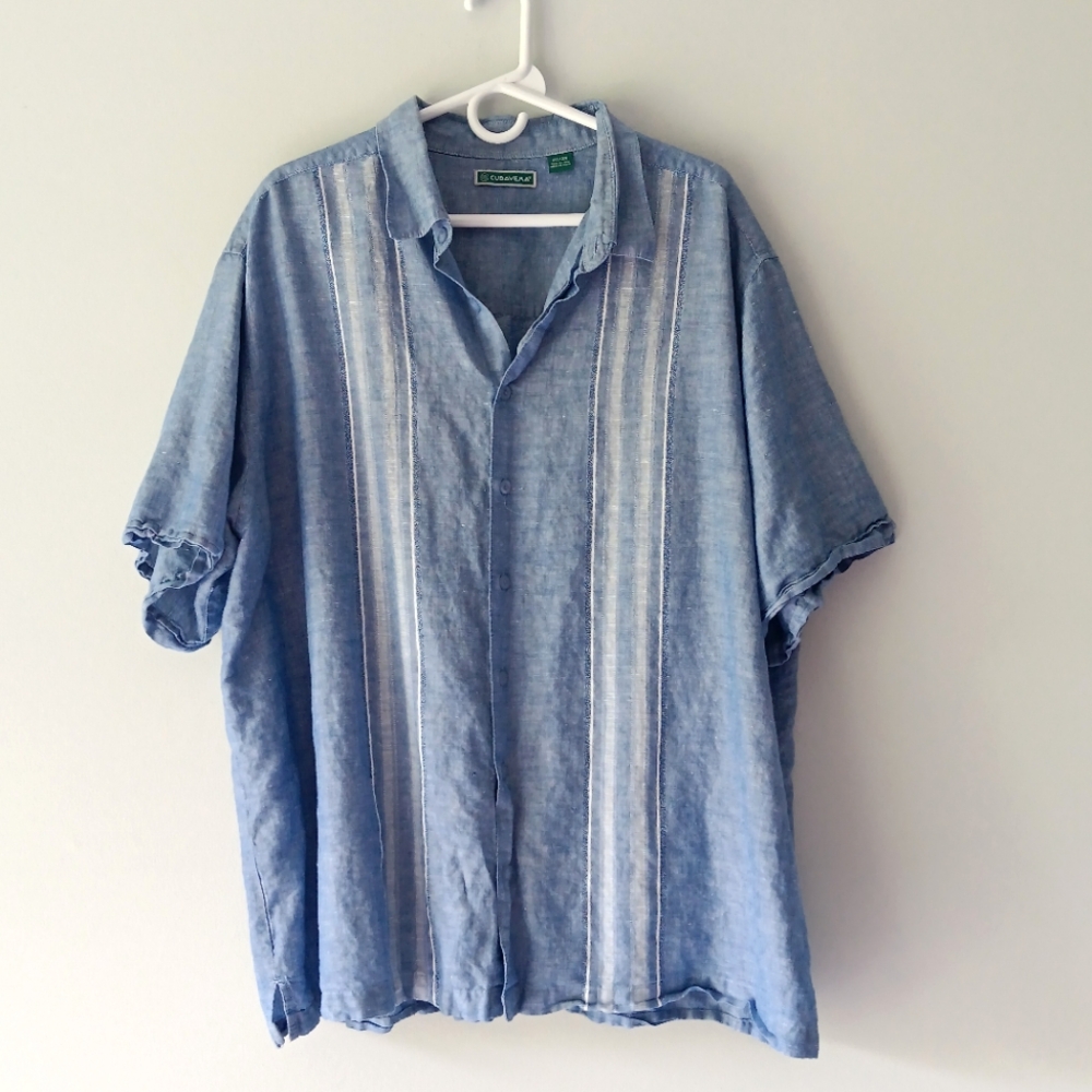 Cubavera Short Sleeve Button Down Casual Shirt Linen Stripe Blue White 2X